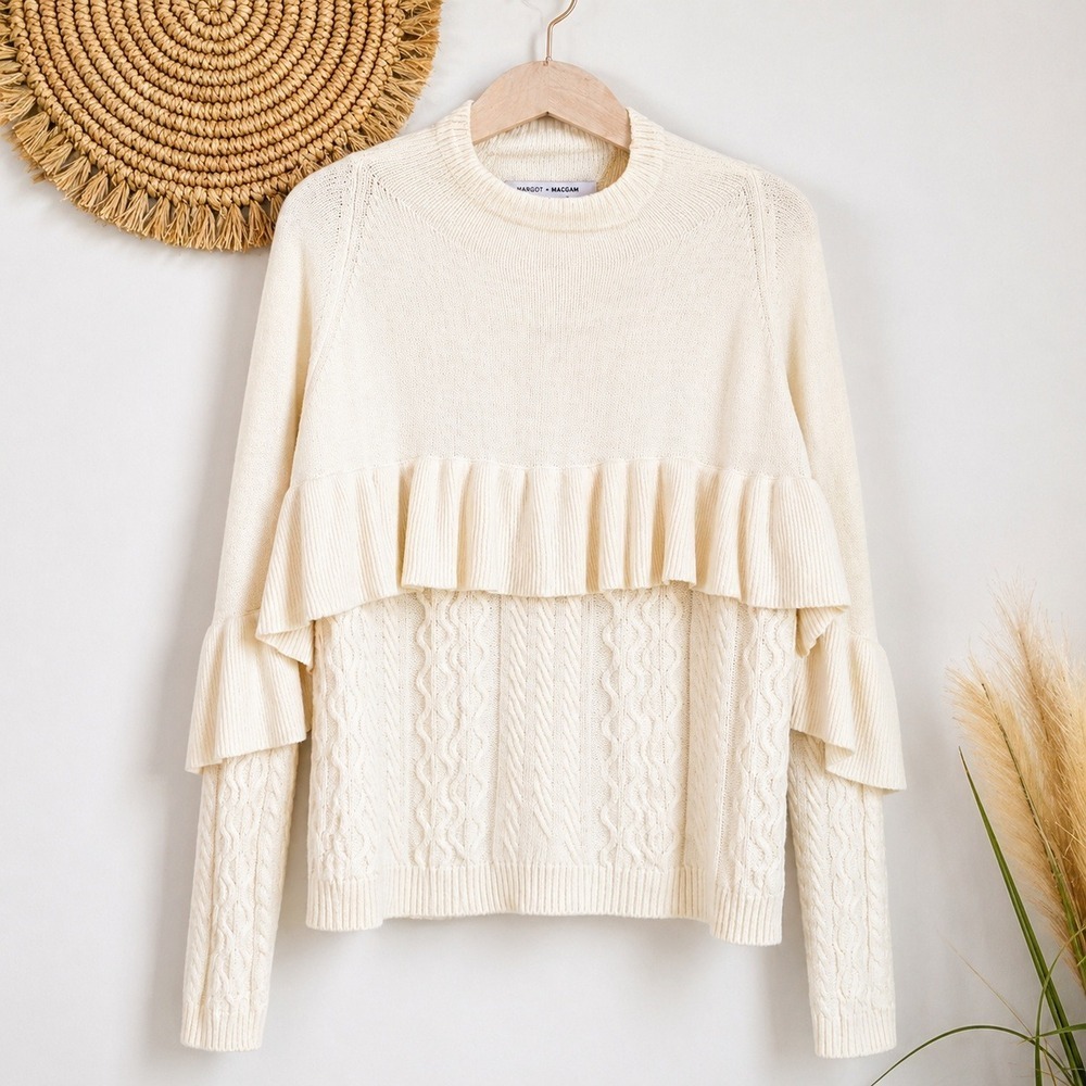 Project Naadam Volta Ivory Ruffle Cable Knit Funnel Neck Sweater SZ Large Boho - Picture 10 of 10